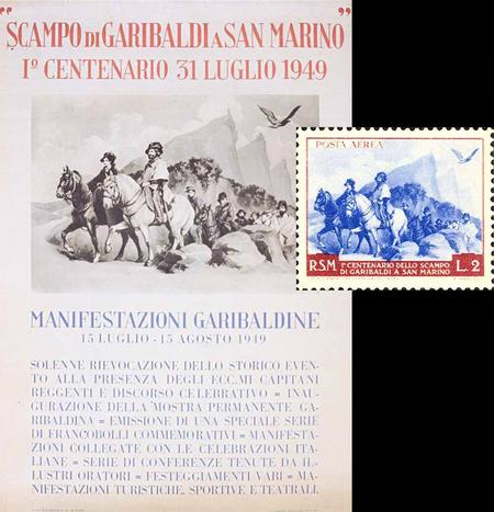 Il manifesto dello “scampo”, oggi conservato a Treviso presso la raccolta Nando Salce, e uno dei francobolli sammarinesi usciti il 28 giugno 1949