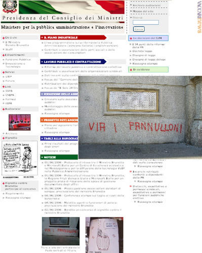 La scritta sul muro fotografata da “Vaccari news” e la pagina di apertura del sito ministeriale, che in questo momento ospita la stessa inquadratura