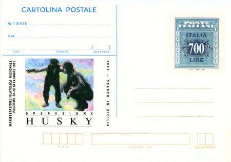 Il rapporto tra alleati ed italiani all'indomani dell'invasione della Sicilia è suggellato in una famosa foto di Robert Capa, ripresa nella cartolina postale del 24 settembre 1993. L'impronta di affrancatura, invece, richiama i francobolli in “am-lire”