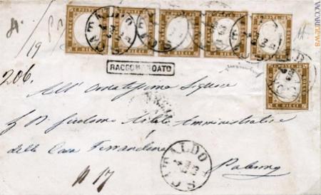 La sua lettera preferita, viaggiata da San Cataldo a Palermo il 4 gennaio 1863; testimonia il passaggio dal bollo “assicurata” a quello “raccomandata”