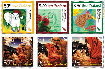 I tre francobolli con i soggetti disegnati dagli scolari e, sotto, i tre (due riproposti anche in versione adesiva per rotoli) dell’illustratore Martin Bailey