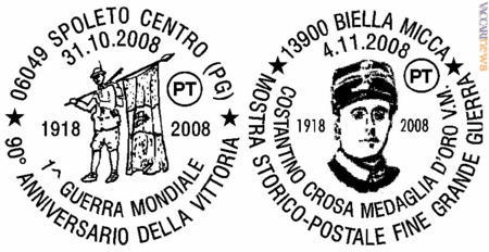 Le obliterazioni impiegate a Spoleto e Biella; la seconda ricorda la medaglia d'oro Costantino Crosa