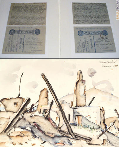 La vetrina con le testimonianze epistolari e, sotto, l'acquerello a tema bellico “Cassino” (Fondazione Cassa dei risparmi di Forlì)