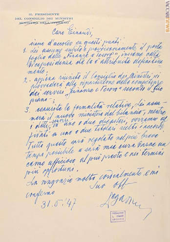 La lettera inviata dal presidente del Consiglio, Alcide De Gasperi, a Luigi Einaudi il 31 maggio 1947 (Archivio Fondazione Luigi Einaudi di Torino)