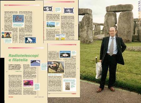 Alcune delle pagine che la rivista dedica all'articolo e Renato Dicati in uno dei più antichi osservatori astronomici, Stonehenge