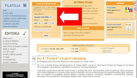 L’“home page” di “Vaccari news” con il riquadro per scegliere gli argomenti