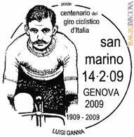 L'annullo sammarinese cita il primo vincitore della gara, Luigi Ganna (già ricordato da un francobollo italiano il 9 giugno 2007, che propone un'immagine simile)