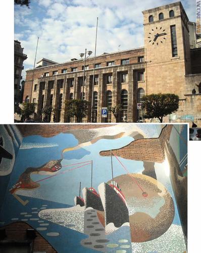 La sede di La Spezia Centro: il palazzo dall'esterno e, sotto, un particolare dei mosaici conservati nella torre