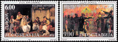 I francobolli “Europa” del 1998; il secondo riprende uno dei dipinti di Pero Pocek già utilizzati nel 1943 dagli italiani