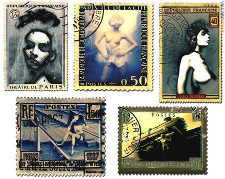 Alcuni dei lavori proposti: la base è tratta da francobolli francesi