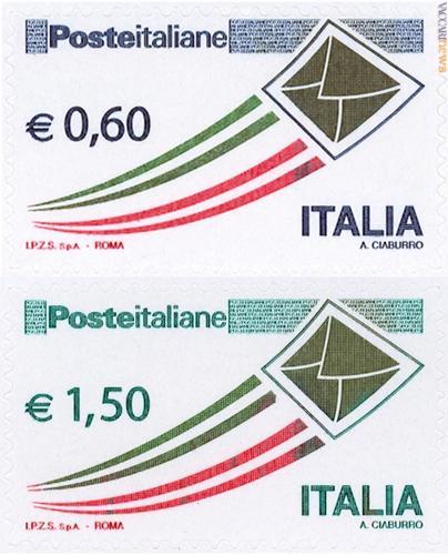 I due francobolli con le scie parzialmente coperte da altri colori