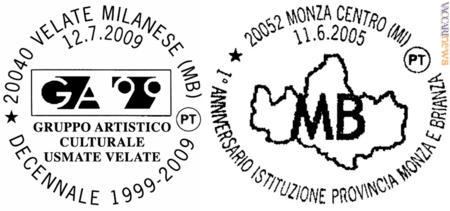 L’annullo di domani (secondo gli esperti, è il primo con la nuova sigla) e quello del 2005, con il quale Monza festeggiò il primo anniversario della Provincia