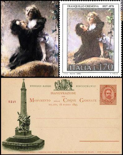 L'opera di Tranquillo Cremona a confronto con il francobollo. Sotto, la cartolina con il monumento alle “Cinque giornate”