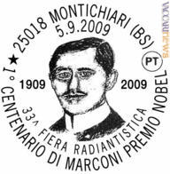 
Guglielmo Marconi è stato celebrato dall’Italia con diversi francobolli ed annulli; qui l’impronta impiegata due giorni fa a Montichiari (Brescia) proprio per il centenario del Nobel