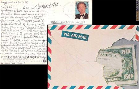 I due lati della cartolina con, al posto del francobollo, l'immagine di Mike Bongiorno. Spedita il 26 aprile 1988 da Cagliari a Venezia, non mostra segni di tassa