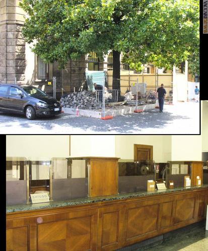 Lavori alla sede postale centrale vaticana: il cantiere esterno questa estate e, sotto, gli interni con i vecchi arredi