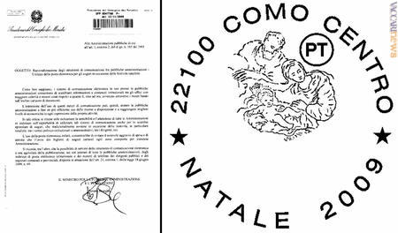 La circolare contro le spedizioni augurali cartacee firmata dal ministro Renato Brunetta e uno dei due annulli disponibili da oggi a Como