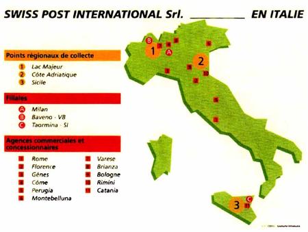 Le presenze di Swiss post International in Italia secondo uno dei documenti mostrati nello studio