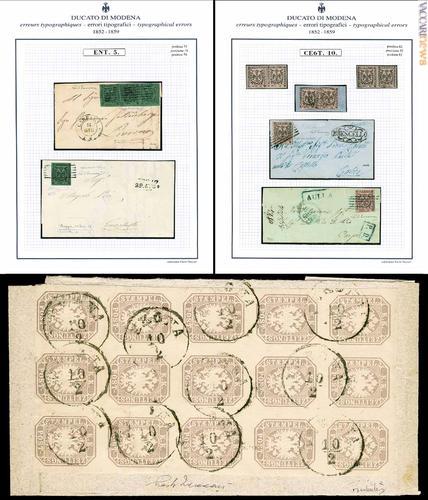 Due dei trentadue fogli della collezione “Ducato di Modena - errori tipografici 1852-1859” e, sotto, il blocco di quindici francobolli lombardo-veneti per giornali del 1863; è il massimo insieme conosciuto nel Regno Lombardo-Veneto