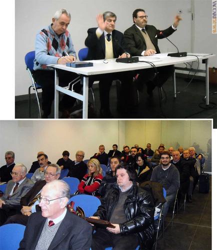 Due momenti dell'assemblea, svoltasi questa mattina durante la manifestazione “Veronafil”: il tavolo della presidenza (da sinistra, Corrado Bianchi, Piero Macrelli e Giorgio Khouzam) e il pubblico