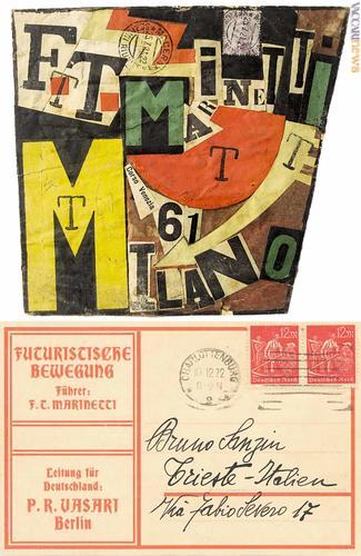 Il collage di Ivo Pannaggi e una cartolina intestata al “Futuristische bewegung”, che testimonia l'attività internazionale del movimento
