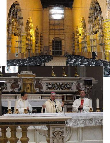 Come si presenta ora l'interno e un momento della cerimonia religiosa con il vescovo ausiliare Giovanni D'Ercole