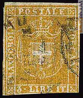 Tra i francobolli di Toscana, il più famoso è il 3 lire: riporta lo stemma sabaudo, a testimoniare il passaggio verso la nuova entità (fonte: Vaccari srl)