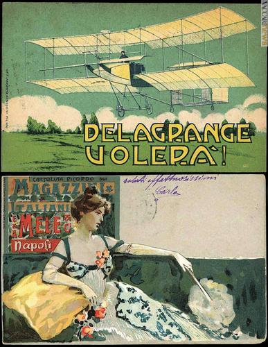 L'asta dà un ampio spazio alle cartoline; fra queste, l'omaggio del 1908 al pioniere dell'aviazione Léon Delagrange (base 60,00 euro, lotto 1.515) e la pubblicitaria dei Magazzini italiani Mele, databile intorno al 1902 (50,00 euro, 1.786)