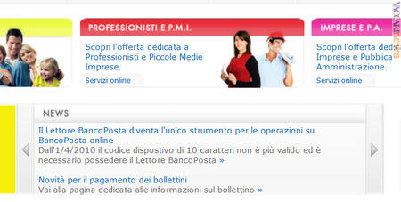 Una parte della “home page” di Poste italiane di oggi con l'avviso sul “lettore bancoposta”