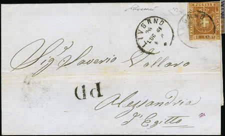 Un altro documento che Paolo Vaccari propone ad Empoli: offre l'80 centesimi isolato, viaggiato da Livorno ad Alessandria d'Egitto il 20 luglio 1861