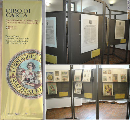 Lo stendardo all'ingresso e due aspetti della mostra di Gorgonzola, visitabile fino al 21 aprile