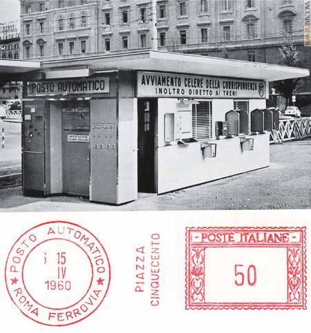 Il chiosco nel suo complesso e una affrancatura meccanica del “posto automatico” (foto: “Poste e telecomunicazioni” 1960; impronta: Roberto Di Casola)