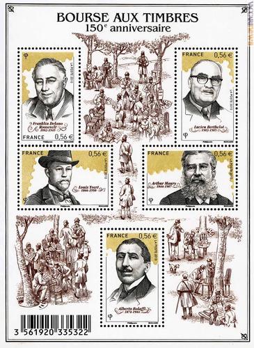 Il foglietto, organizzato in cinque francobolli, cita altrettanti grandi appassionati del passato