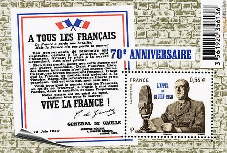 Tra le numerose emissioni francesi di questi giorni, il foglietto dedicato allo storico discorso di Charles de Gaulle del 18 giugno 1940