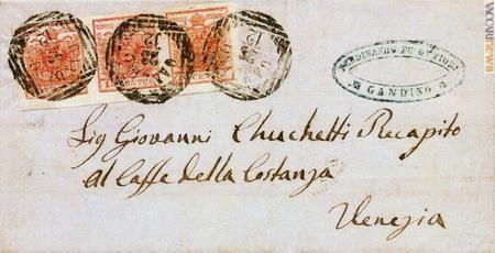 La posta transitata da Gandino (qui un documento del 1857 destinato a Venezia) protagonista della mostra visitabile fino all'11 luglio
