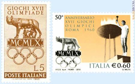 Il logo di “Roma 1960”, riprodotto nel francobollo di mezzo secolo fa e in quello atteso per il 7 settembre