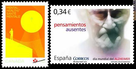 Terza tappa per l'emissione benefica dedicata alla salute mentale; di fianco, il francobollo spagnolo per la “Giornata mondiale dell'alzheimer”
