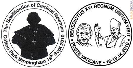 L'unica citazione marcofila confermata da Royal mail è l'annullo di Birmingham dedicato alla beatificazione del cardinale. A fianco, il manuale vaticano: simile a quello in uso domenica, riprende il teologo e il papa