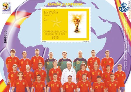 Il foglietto per la Spagna campione del mondo di calcio