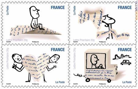 
Quattro dei dodici francobolli che vi sono acclusi, tutti firmati dall'illustratore Serge Bloch