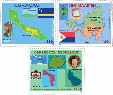 I tre francobolli usciti il 10 ottobre per Curaçao e Sint Maarten, che hanno ottenuto l'indipendenza, e per ciò che rimane del resto, qualificato come Caraibi Neerlandesi