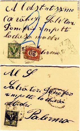 Le due buste dai tratti incerti risalgono al 1897 e contenevano “lettere di scrocco”. La prima è stata tassata per 20 centesimi, probabilmente per il maggior peso riscontrato