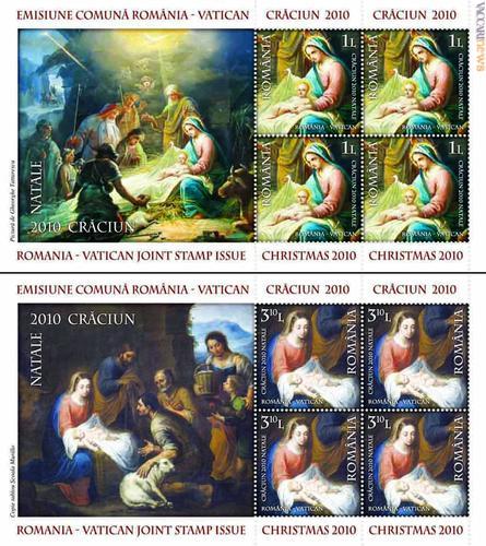 La versione romena della congiunta natalizia (ne esiste una seconda in cui otto francobolli uguali sono associati ad una vignetta)