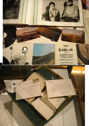 Le cartoline di “Oggi” associate al film con Catherine Spaak e, sotto insieme ad un portalettere rivestito in stoffa, la missiva di Albert Camus