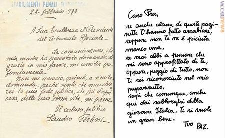Due delle lettere, decisamente diverse per tenore e contesto, proposte nel percorso dedicato a Sandro Pertini e Andrea Pazienza
