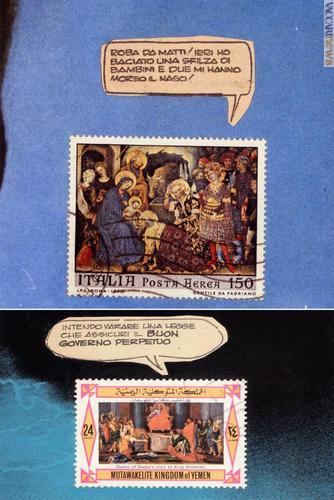 Ai francobolli sono aggiunte frasi che spostano l’attenzione e il significato proposto dalla carta valore; qui due collage su cartoncino senza titolo, realizzati nel 1971 e nel 1975