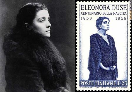 Un ritratto di Eleonora Duse a trent'anni (Venezia, Fondazione Giorgio Cini) e il francobollo italiano dell'11 dicembre 1958