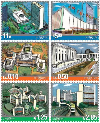 I sei francobolli dedicati ai palazzi, tratti dai disegni di Scott Solberg