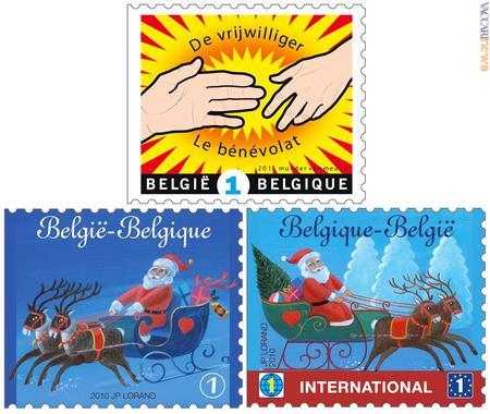 Il nuovo francobollo dedicato al volontariato; sotto, i tagli dell'8 novembre scorso destinati agli auguri natalizi. Per ogni lettera che in dicembre ha usato uno di questi due esemplari, Bpost ha accantonato 2 centesimi per aiutare l'alfabetizzazione