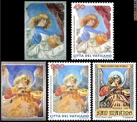Due delle opere originali esposte a Forlì e le trasposizioni postali vaticane del 1998 e sammarinese del 1988